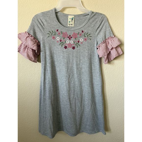 Lily Bleu Other - Lily Bleu Gray Pink Floral Ruffle Tiered Short Sleeve Girls' Dress Size 10
